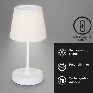 Stolná LED lampa BRILONER CAMPI bezdrôtová, ochrana proti striekajúcej vode IP44, dotyková funkcia, možnosť postupného stmievania, neutrálne biele svetlo, biela, 14,5 x 30 cm