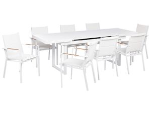 BELIANI Gartenmöbel Set 9-teilig Weiß Aluminium Ausziehtisch 180 / 240 x 90 cm Latten-Tischplatte Rechteckig mit 8 Stühlen Bespannung Weiß Stapelbar