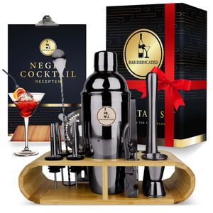 Bar Dedicated - Cocktail-Shaker-Set - 16-teilig - Schwarzes Cocktail-Set - Mit niederländischem Rezeptbuch