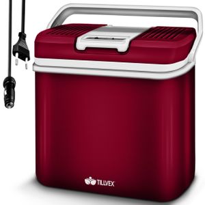 tillvex chladicí box elektrický 24L červený | mini chladnička 230 V a 12 V pro kempování v autě | chladí a ohřívá | ECO režim