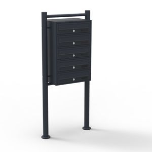 Wiltec 5er Briefkastenanlage schwarz 270 x 513 x 1500 mm, Standbriefkasten mit 5 Fächern, Schlüssel und Namensschild, Briefkasten Postkasten mit Ständer