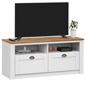 TV Lowboard BOLTON aus massiver Kiefer in weiß/braun, TV Bank mit 2 Schubladen, praktische TV Kommode mit Muschelgriffen, TV Möbel im Landhausstil
