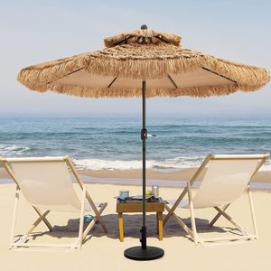 Hawaii Sonnenschirm, Reisstroh Strandschirm, Strohschirm mit Neigungsfunktion, Balkonschirm mit Doppeldach, Gartenschirm UV-beständig, Terrassenschirm für Garten Strand (270 cm)