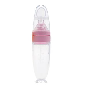 Silikon BabyFlasche mit Löffel, Spenderlöffel für Babynahrung, Lebensmittelflasche zusammendrücken blau