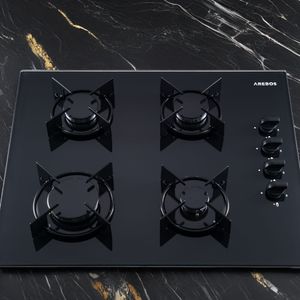 Płyta gazowa AREBOS 4 palniki, płyta gazowa, szklano-ceramiczna, z podstawkami pod patelnie i zabezpieczeniem zapłonu, samowystarczalna, przystosowana do gazu ziemnego lub propanu, płyta gazowa