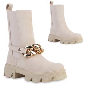 VAN HILL Damen Plateau Boots Stiefeletten Ketten Stiefel Profil-Sohle Schuhe 837633, Farbe: Beige Velours, Größe: 38