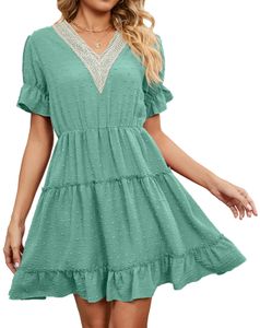 ASKSA Dámské letní šaty s výstřihem do V Žakárové krajkové šaty s krátkým rukávem Ležérní šaty do pasu, zelené, M