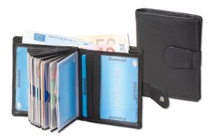 Super-Kompakte Geldbörse mit RFID/NFC Blocker und Platz für bis zu 18 Kreditkarten aus weichem Rind-Nappaleder in Schwarz