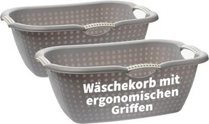 Wäschekorb 2er Set, 28 Liter - Wäschewanne Groß mit ergonomischen Griffen, Robuster Wäschekorb Plastik, für Innen- und Außenbereich, 60 x 40 x 22 cm, Grau