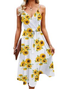 Damen gegen Hals Langkleid Urlaubsurlaubsurne Sommer Beach Sundress lässige ärmellose Midi -Kleider,Farbe:Weiße Sonnenblume,Größe:M