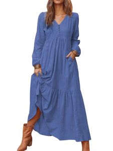 Damenknopfkleid aus Baumwolle und Leinen, lässig, langärmelig, großes Swing-Kleid,Farbe: Marineblau,Größe:XXL