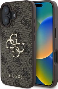 Guess, metalowe etui na iPhone'a 16 z monogramem i logo 4G, ciemnobrązowe