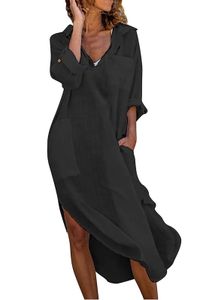 ASKSA Damen Elegant Kleider Einfarbig Lang Hemdkleid Midi Tunika Sommerkleider mit Taschen, Schwarz, M