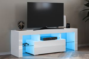 SONNI TV Lowboard Weiß Hochglanz Breite 130cm TV-Schränke mit LED-Beleuchtung