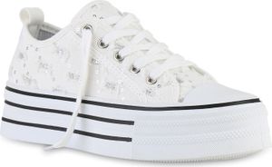 VAN HILL Damen Plateau Sneaker Denim Schnürer Pailletten Glitzer Schuhe 840981, Farbe: Weiß, Größe: 37 VAN HILL Damen Plateau Sneaker Denim Schnürer Pailletten Glitzer Schuhe 840981, Farbe: Weiß, Größe: 37
