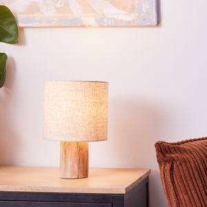 BRILLIANT natürliche Tischleuchte PIA | Tischlampe mit Holzfuß + Leinenschirm | E27 Fassung max. 40W | Holz/Textil