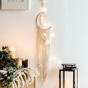 Premium Makramee Traumfänger in Cremefarben, mit LED-Beleuchtung, handgestrickt , wunderschöne Wanddeko für Wohn-, Schlaf-, Kinderzimmer (Mond)