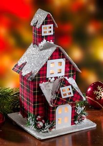 LED Dekofigur "Kirche" rot kariert, 30 cm hoch, Weihnachtsdeko, Winterdeko, Leuchtdeko