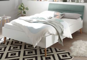 Bett "Helge" in weiß und Eiche Riviera Einzelbett skandinavisch mit Polsterkopfteil in mint Liegefläche 140 x 200 cm