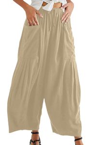 ASKSA Dámské kalhoty s širokými nohavicemi, vysoký pas, plisované, dlouhé letní kalhoty, volné, pohodlné, s kapsami, meruňková, XXL