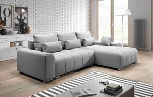 FURNIX Eckcouch LORETA Sofa L-Form Schlafsofa Couch mit Schlaffunktion und Kissen Classic Design HELLGRAU EN20