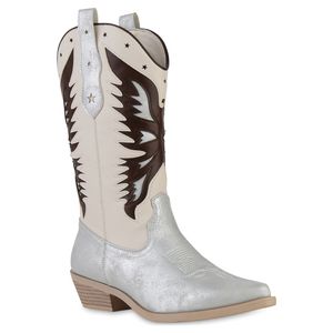 VAN HILL Damen Cowboystiefel Stiefel Spitze Western Schuhe 841113, Farbe: Silber Beige, Größe: 39