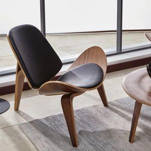 SHELL HOLZSTUHL, Mid-Century-Stuhl, Japandi, Schalenstuhl, Vintage, Bürostuhl, Lounge-Stuhl, walnussfarben, Leder, modern, designer, Japan