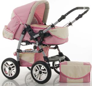 14 teiliges Qualitäts-Kinderwagenset 2 in 1 „FLASH“ in 38 Farben: Kinderwagen + Buggy - Megaset – all inklusive Paket in Farbe ROSA-CREME