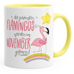 Geschenk-Tasse die schönsten Flamingos werden im November geboren Geburtstags-Tasse Geburtstmonat Wunschmonat Kaffee-Tasse MoonWorks® hellgelb unisize