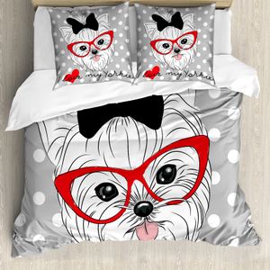 ABAKUHAUS Yorkie Bettbezug, Nerd-Gläser Love Heart, Milbensicher Allergiker geeignet mit Kissenbezügen, 155 cm x 220 cm - 80 x 80 cm, Schwarz Weiß Rot