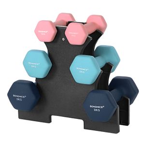 SONGMICS Kurzhantel Set | 12kg：2 x 1 kg, 2 x 2 kg, 2 x 3 kg | Hexagon mit Hantelständer | Krafttraining zu Hause Fitnessstudio rosa aquamarin und blau SYL612MK