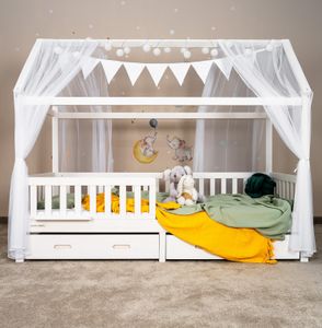 Alavya Home® Betthimmel Hausbett Deko Set mit Baldachin, Wimpel Lichterkette und Kinder-Höhentabelle Weiß