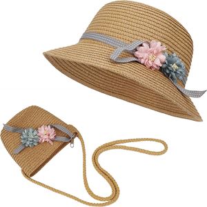 Strohhut und Handtasche Mädchen Sonnenhut Sommerhut Strandhut mit Blumendekoration UV-Schutz Süß