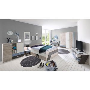 Jugendzimmer Set mit Bett 140x200 cm 6-teilig LEEDS-10 in Sandeiche Nachbildung mit weiß, Lava und Denim Blau