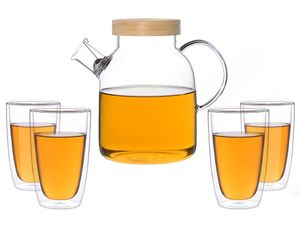 Kira Teeset / Teeservice / Teekanne Glas 1,6 liter mit Tüllensieb, Bambusdeckel und 4 doppelwandige Teegläser je 360ml