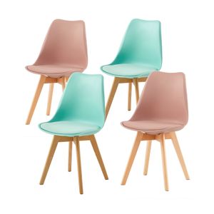 IPOTIUS Sada 4 jídelních židlí s masivní bukovou nohou, skandinávský design Čalouněné kuchyňské židle Židle kuchyňské dřevo, 2 mátově zelené + 2 kouřově růžové