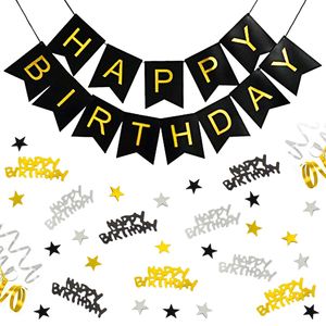 Oblique Unique Geburtstag Party Deko Set - Happy Birthday Girlande + Konfetti Hängedeko Streudeko gold schwarz
