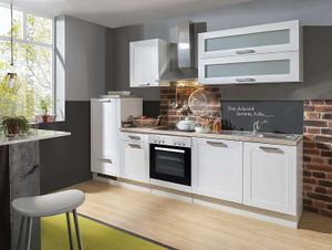 Küchenblock White Premium Landhaus 280 cm mit Glaskeramikkochfeld und Geschirrspüler in Lacklaminat weiss