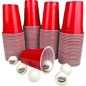 Beer-Pong Becher Set 100+6 VIP | 100 Party Red Cups sehr stabil 16oz ca. 500ml + 6 Bälle | wieder verwendbare & spülmaschinenfeste rote Plastikbecher | Party-Becher | Trinkspiel Set | Bier-Pong Trinkbecher