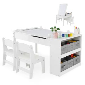 GOPLUS Kinderkunsttisch mit 2 Stuhl & seitliche offene Regal, Kindermöbel Set mit Stauraum & Maltisch, Kindersitzgruppe für Zeichnen & Schreiben(Weiß)