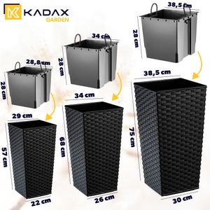 KADAX Zestaw 3x Donica Doniczka Wkład Rattan Czarna 75cm