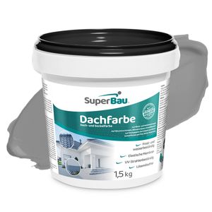 Superbau Dachfarbe Grau 1,5kg, Sockelfarbe WASSERDICHT, Fassadenfarbe für Außen, Dachbeschichtung für Blechdach, Bitumen, Dachpappe, Schindeln, Putz