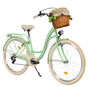 Milord Komfort Fahrrad Mit Weidenkorb Damenfahrrad, 26 Zoll, Mintze-Creme, 7-Gange Shimano