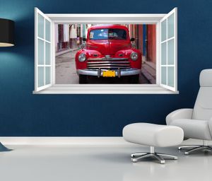 3D Wandtattoo Fenster Auto rot Retro Lenkrad Wand Aufkleber Wanddurchbruch Wandbild Wohnzimmer 11BD154, Wandbild Größe F:ca. 97cmx57cm