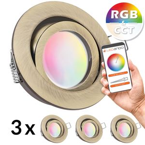 3er  RGB - CCT LED Einbaustrahler Set extra flach in gold / messing mit 5W Leuchtmittel von LEDANDO- 16 Mio. Farben + Warmweiß bis Kaltweiß  - rund