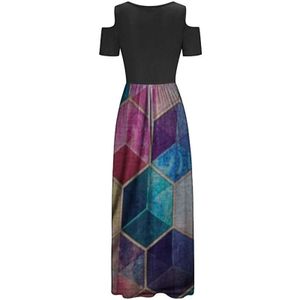 Sommerkleid Geometrischer Druck Schlank Frauen Rundhals Kurzarm Kleid für Bankett Multicolor 2XL