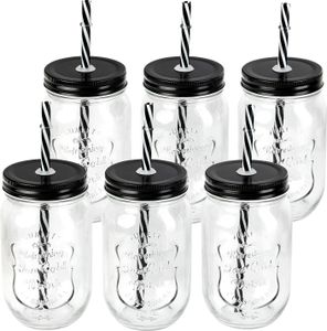 Schramm® 6 Stück Trinkgläser 500 ml mit Strohhalm wiederverwendbar Glas Gläser Einmachgläser mit 12 Deckeln wählbar in silber, bronze, schwarz und bunt Aufbewahrungsglas, Farbe:schwarz