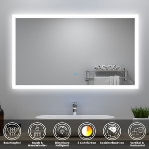 Badspiegel mit Beleuchtung 90x70cm Touch/Wandschalter Beschlagfrei 3 Lichtfarbe 3000K-6000K Dimmbar IP44 Belair-Serie
