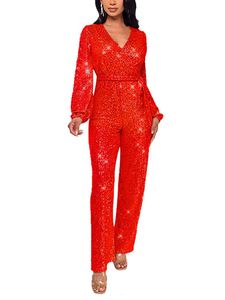 Damen Overalls Pailletten Hosen Casual Lange Einfarbig Boho Weites Bein Jumpsuits Rot,Größe XL
