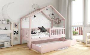 DOMI BIS Hausbett Kinderbett 100x200 Rosa Kiefer Holz Schubkasten Holzbett